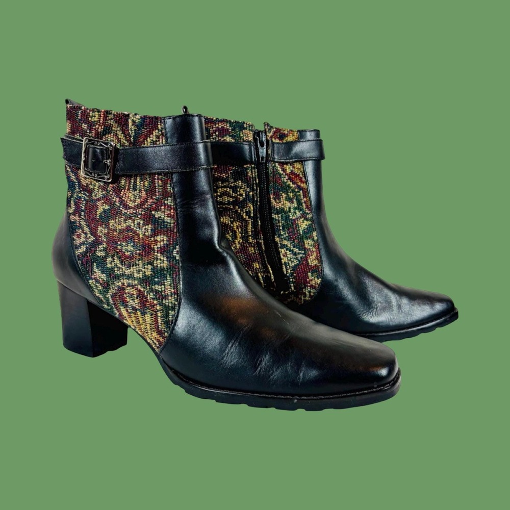 Vintage Tapestry Leather Ankle Boots, Square Toe, Size 8